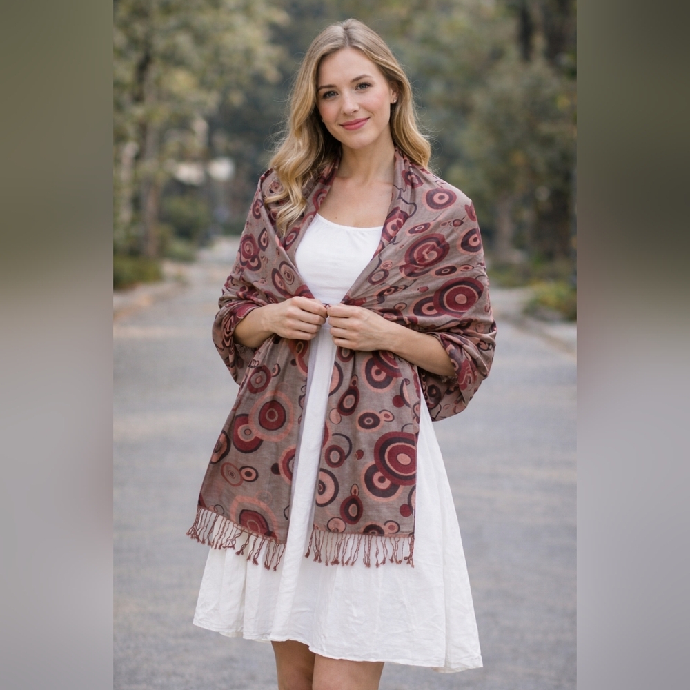 pashmina Taupe and Burgundy Circular Print Fringe Shawl